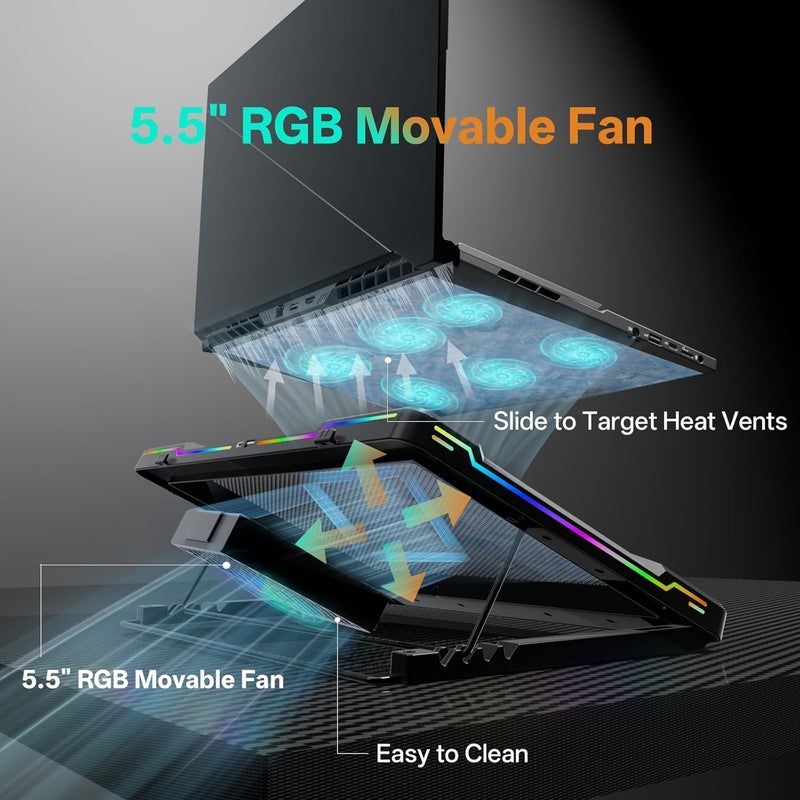 DEPGI Movable RGB Laptop Cooler with 5.5" Sliding Fan, Ergonomic Cooling Stand with 8 Light Modes for 14-17.3 Inch Gaming Laptops - Image 2